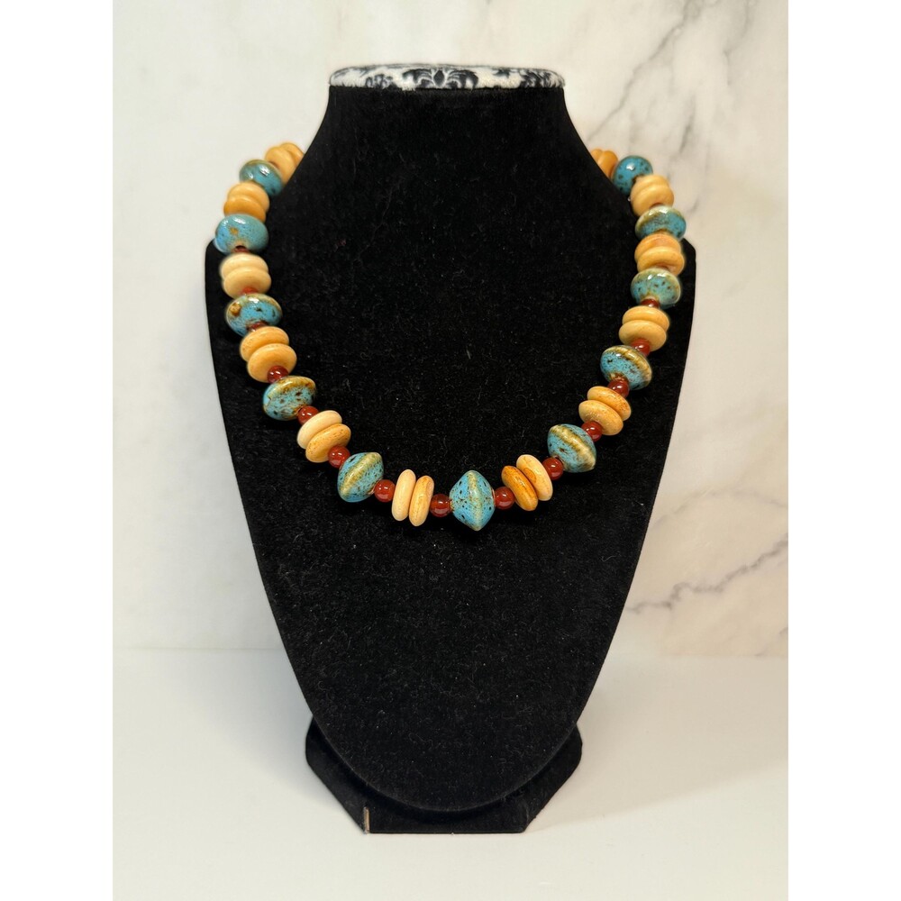 Sterling Silver Beaded Necklace Turquoise Coral Tone Ceramic Bone Style Toggle 1